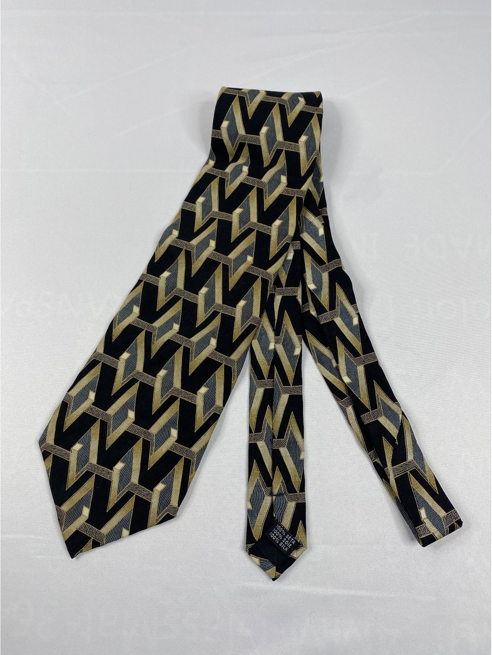 Matrix Men's Silk Neck Tie Black Gold Geometric Pattern Classic Luxury Designer